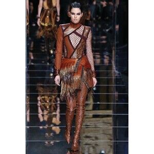 Balmain Fall 17 Runway Skirt Brown Tribal Lamb Leather Gold Fringe Brass Kendall